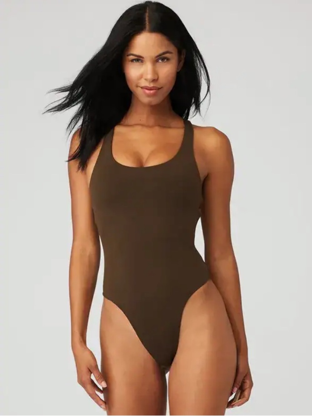 ALO Yoga Sleek Back Stretch Racerback Thong Activewear Bodysuit Plum